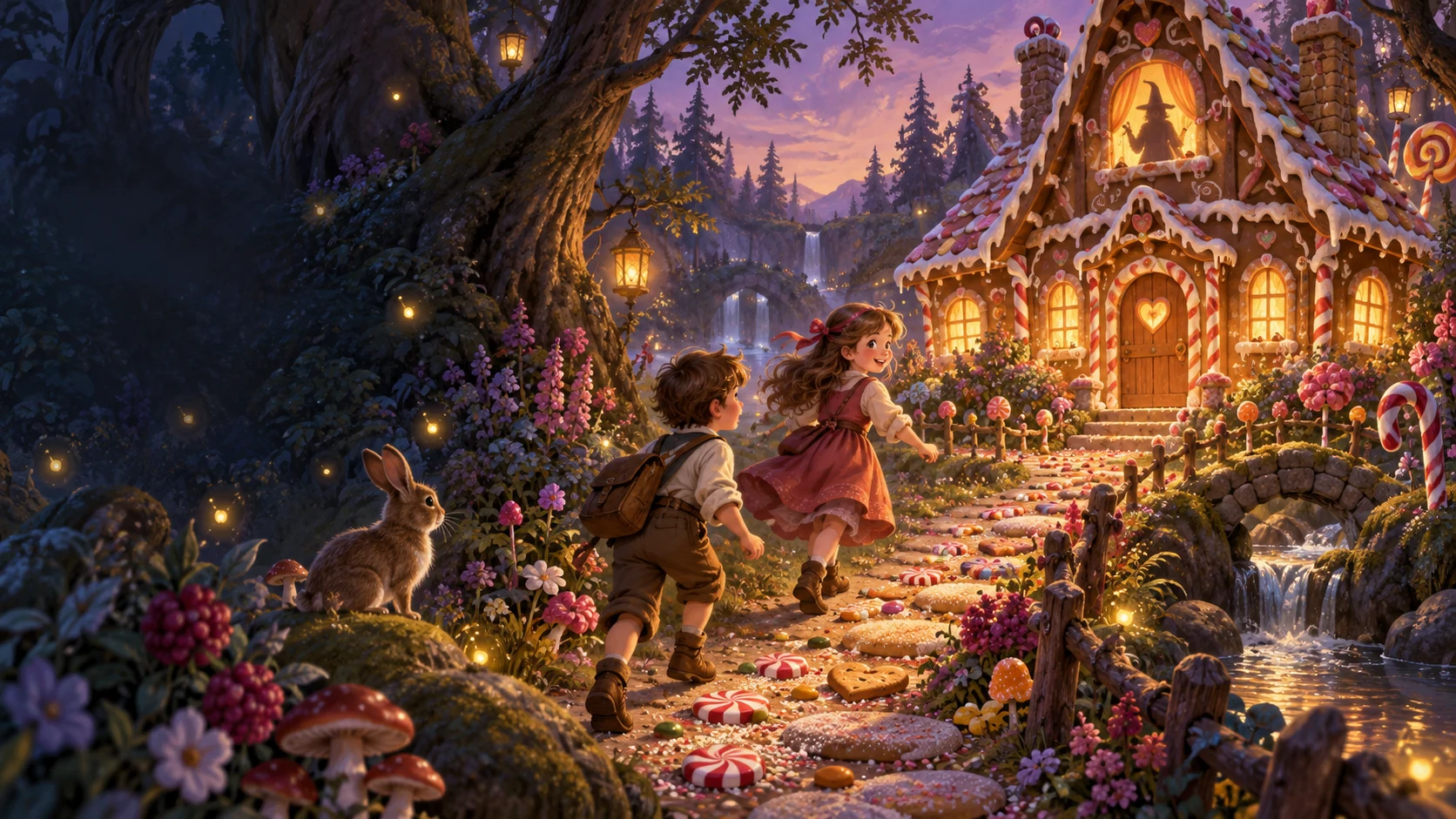 Two children approach a glowing gingerbread cottage while a witch watches from an upstairs window