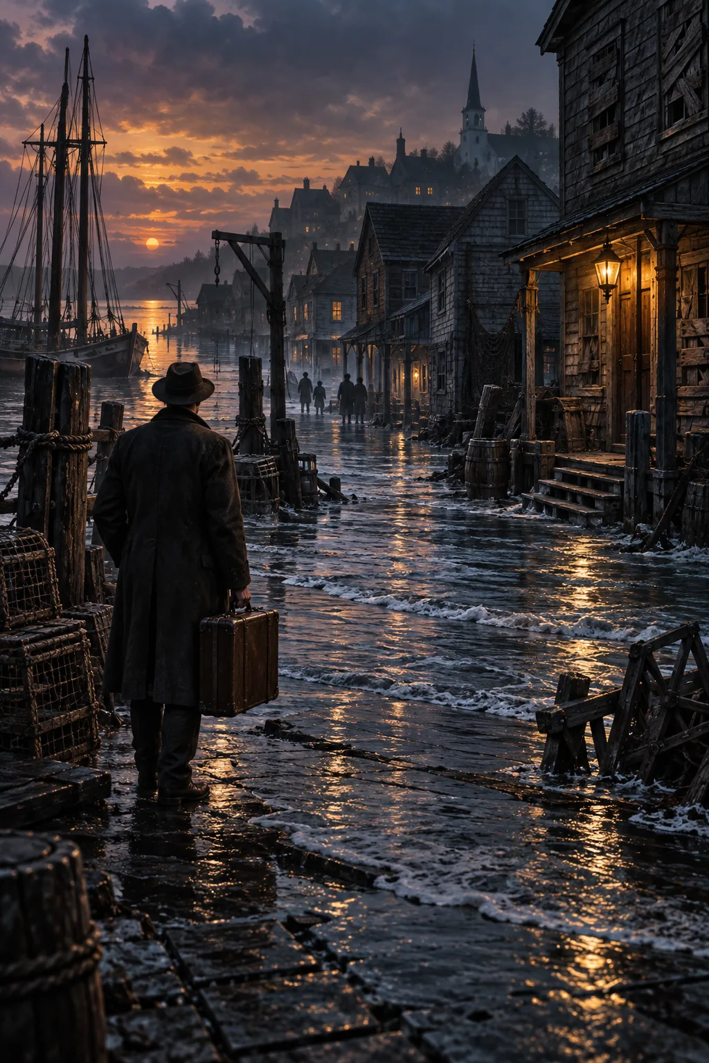 A traveler reaches a tide-washed harbour town as a few distant residents watch the street