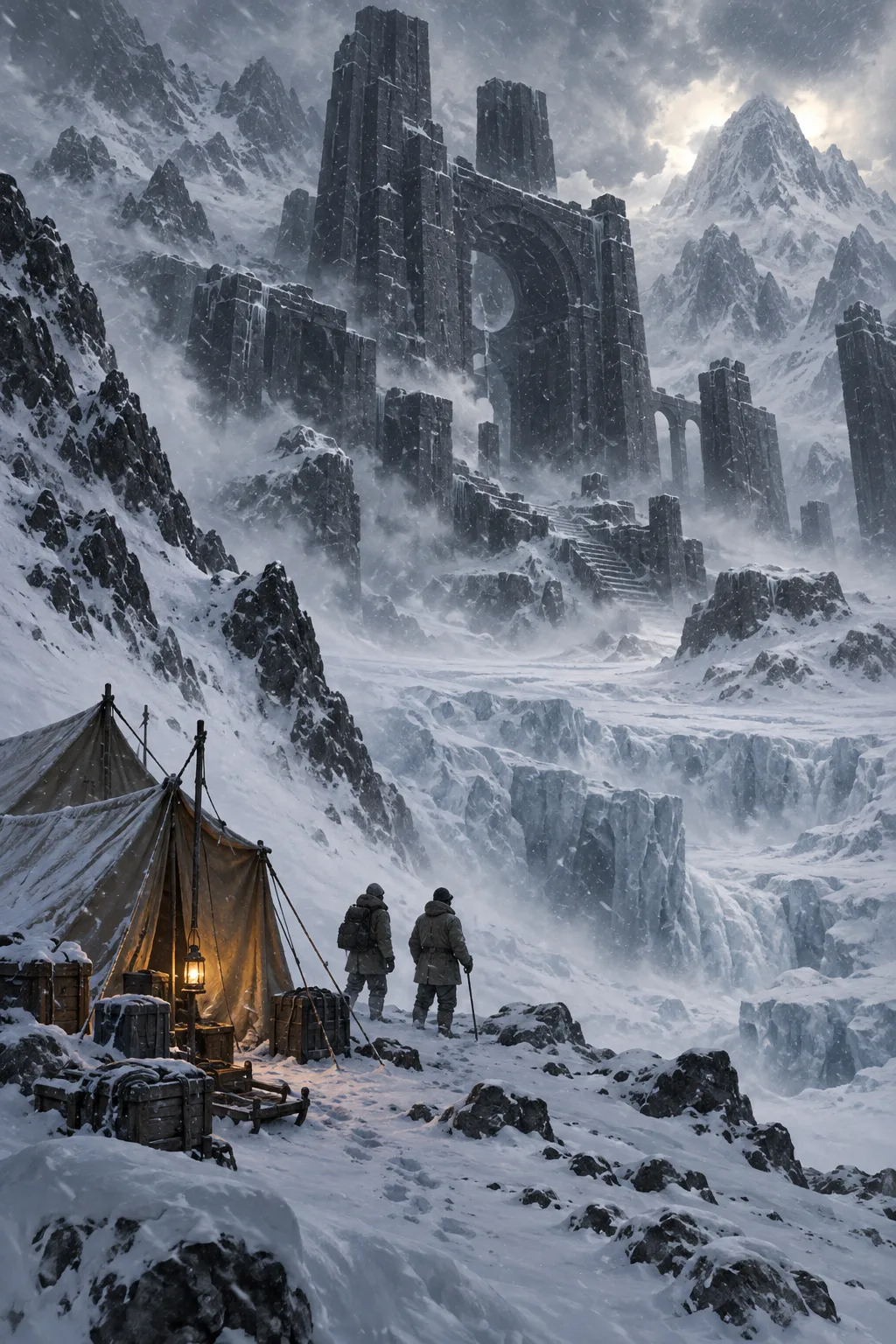 Two Antarctic explorers face immense ancient ruins beyond their snowbound camp