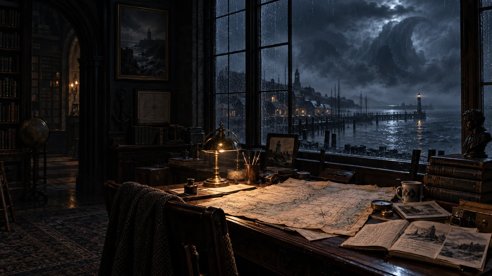 A lamplit archive overlooks a rain-swept harbour beneath an unsettling night sky