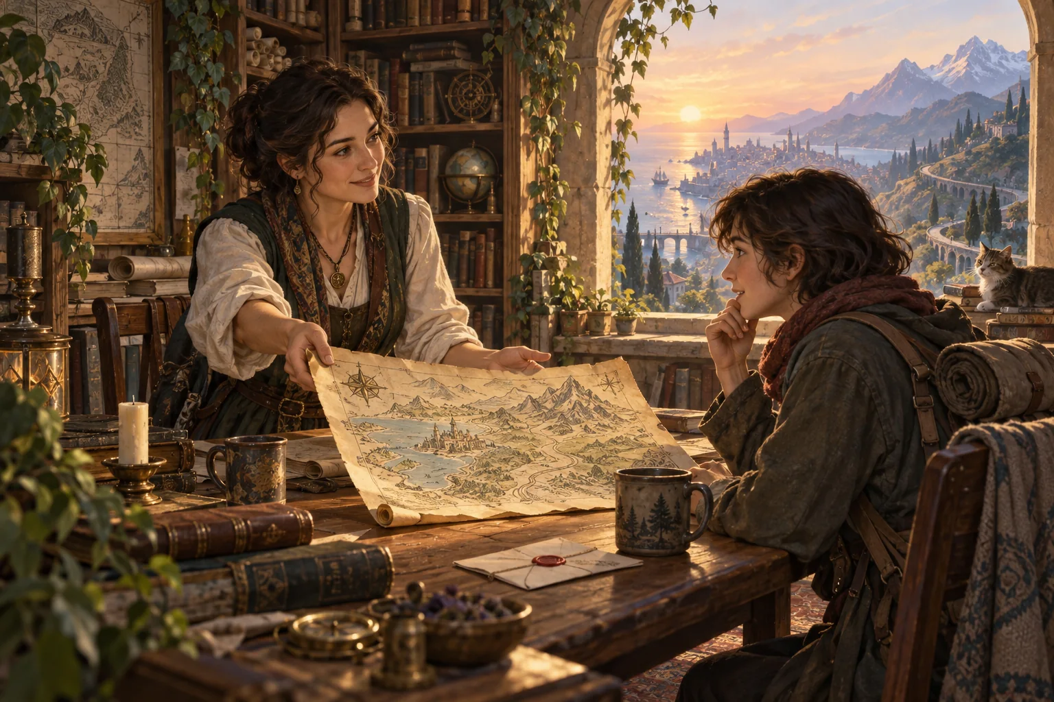 A mapkeeper offers a hand-drawn map to a traveler in a warm library, with a coastal city beyond the window