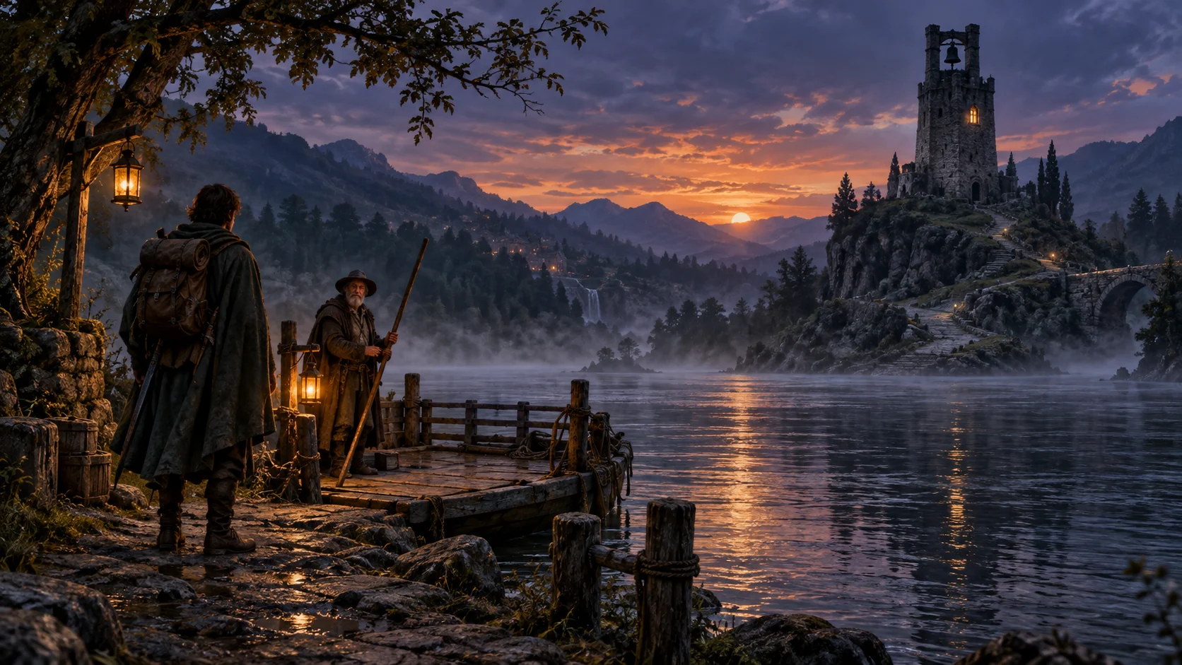 A traveler and ferryman face each other at dusk beside the river, with a bell tower on the far bank