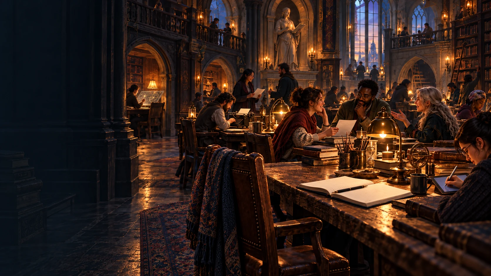 Writers at warm individual desks in a grand library, working with books, keyboards, ink, and parchment