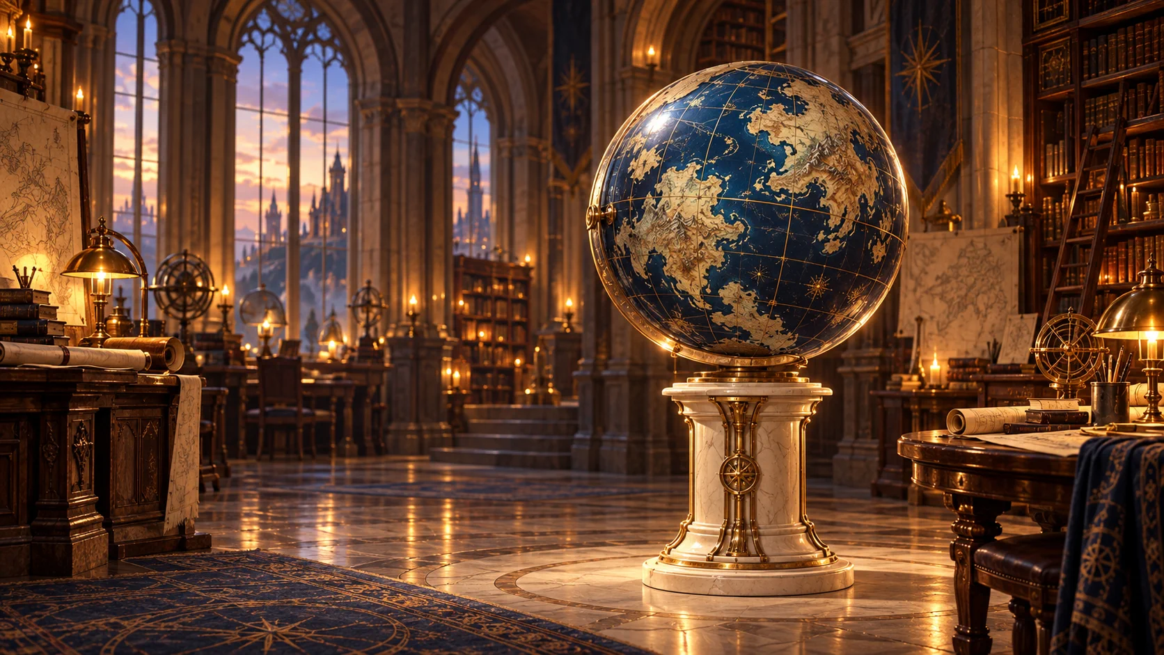 An original blue-and-gold fantasy globe on a pale stone pedestal in the Athenaeum's World Creation chamber
