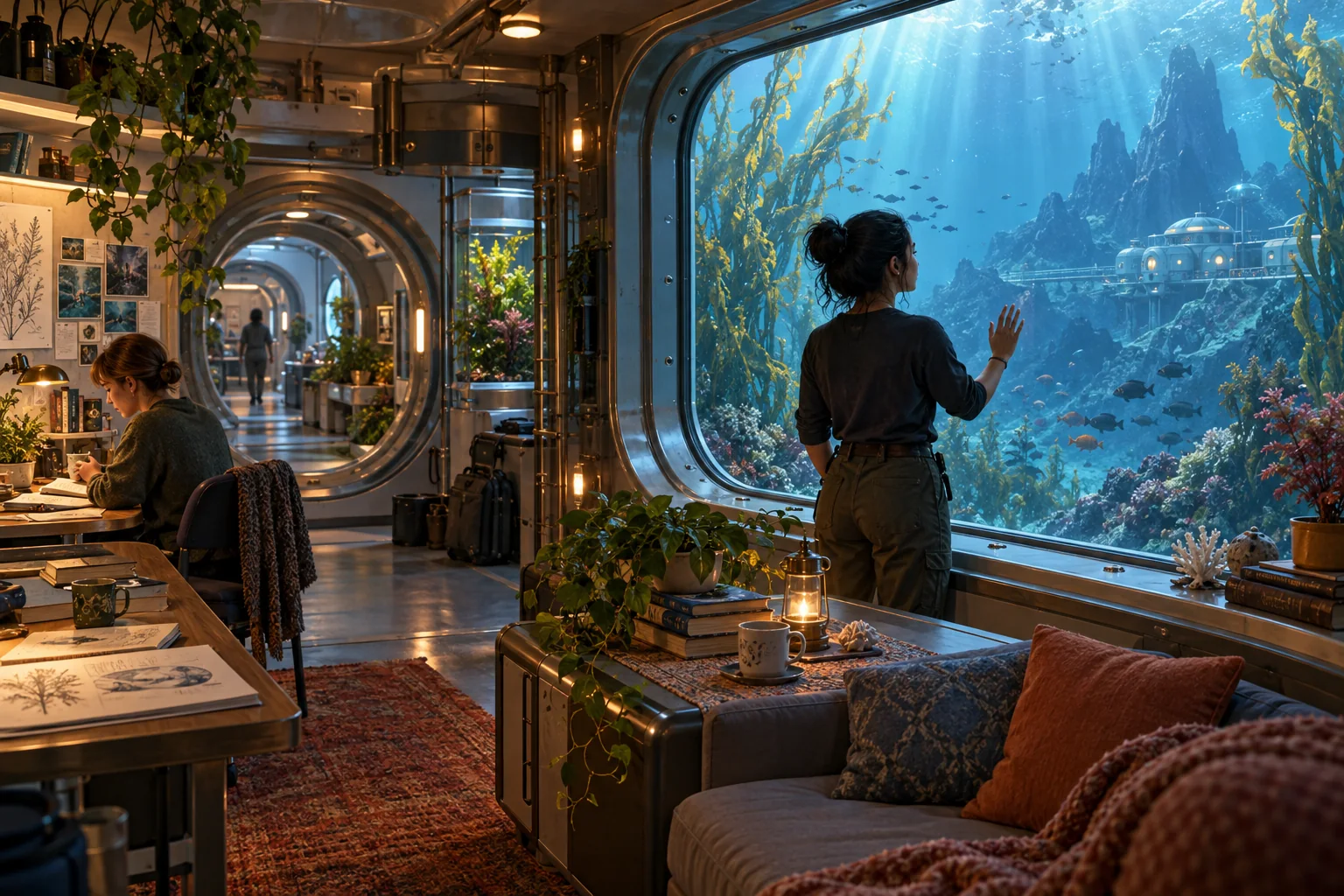 A resident looks out from a lived-in undersea habitat toward sunlit water and an unexplored ridge