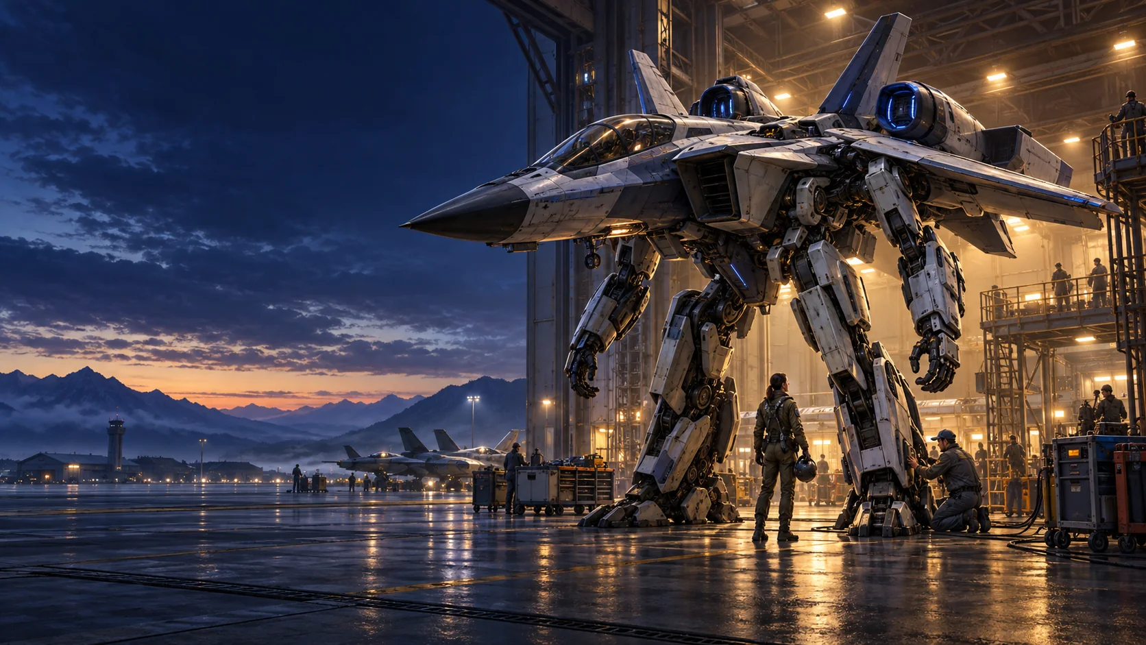 A VectorTech concept machine stands in a working hangar, combining a jet body and wings with articulated arms and legs as a pilot and engineer prepare nearby